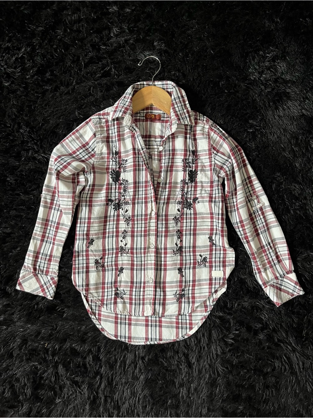 7 For All Mankind Girls Kids Plaid Button-Up Shirt White & Red Floral Stitching